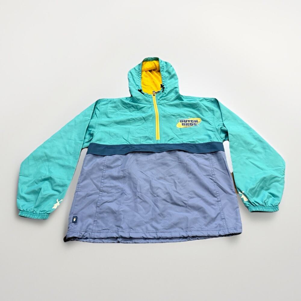 Dutch Bros Mens Blue Teal Yellow Hooded Windbreaker Retro Jacket Size S Small